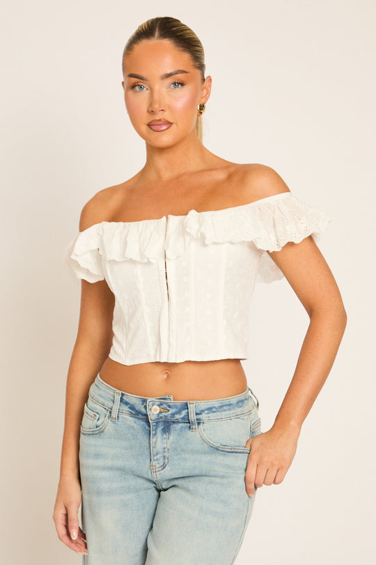 White Bardot Frill Broderie Corset Top - Marcia
