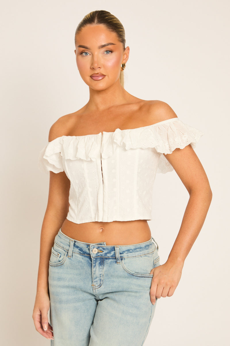 White Bardot Frill Broderie Corset Top - Marcia