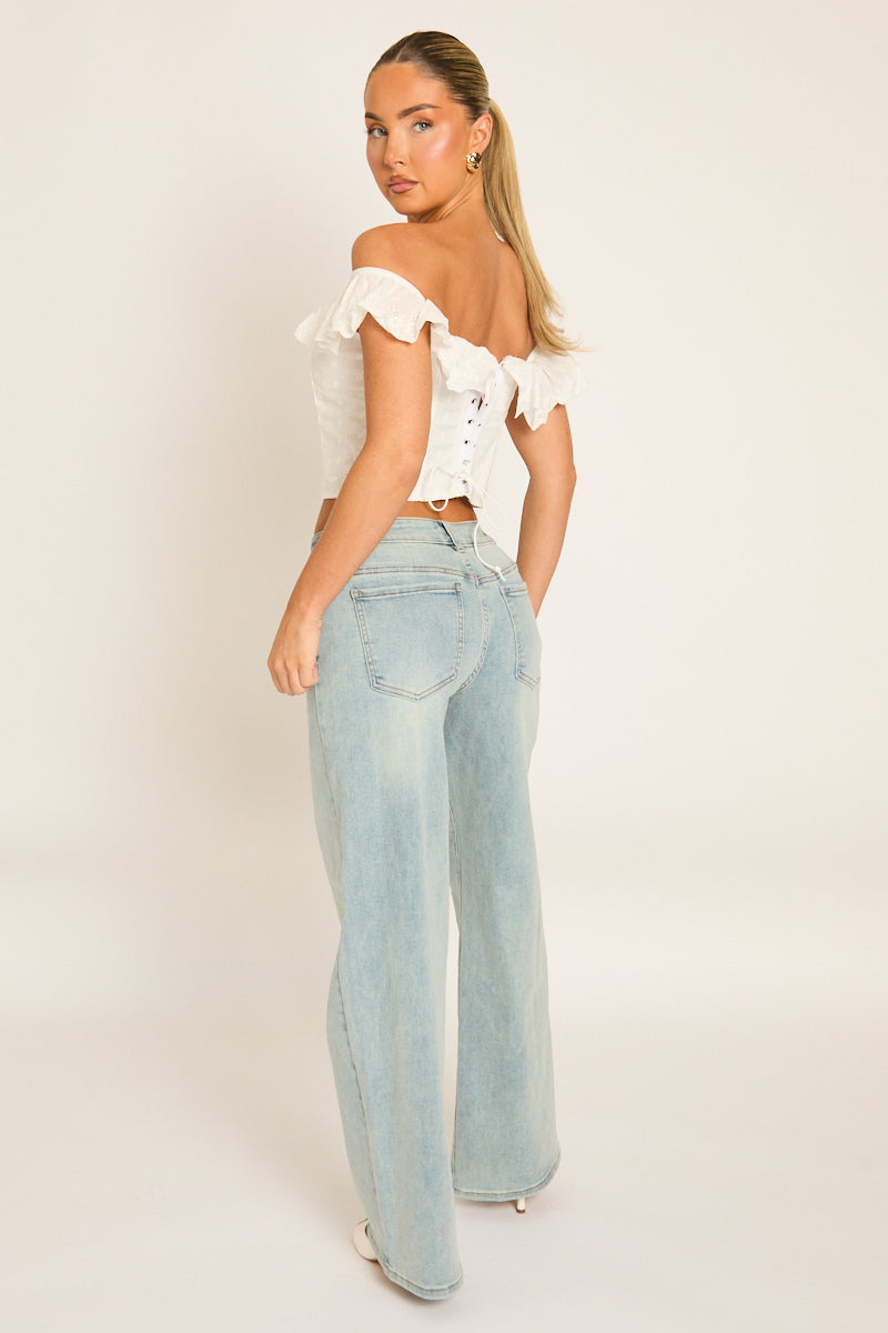 White Bardot Frill Broderie Corset Top - Marcia