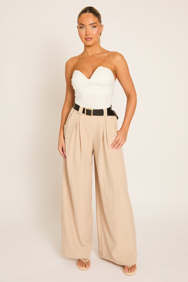 Beige Belted Pleat Detail Trousers - Melly