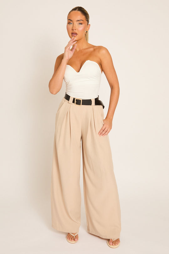 Beige Belted Pleat Detail Trousers - Melly