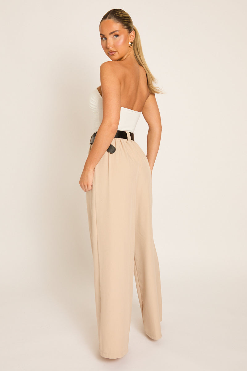 Beige Belted Pleat Detail Trousers - Melly