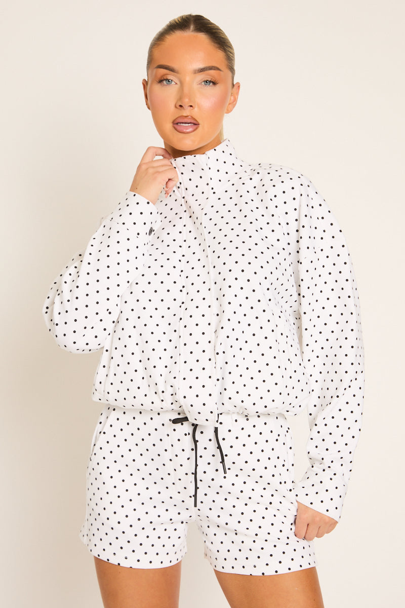 White Polka Dot High Neck Zip Up Jacket and Shorts Co-ord Set - Cassie