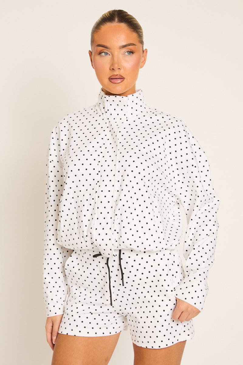 White Polka Dot High Neck Zip Up Jacket and Shorts Co-ord Set - Cassie