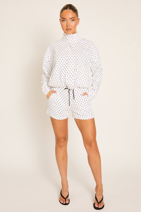 White Polka Dot High Neck Zip Up Jacket and Shorts Co-ord Set - Cassie