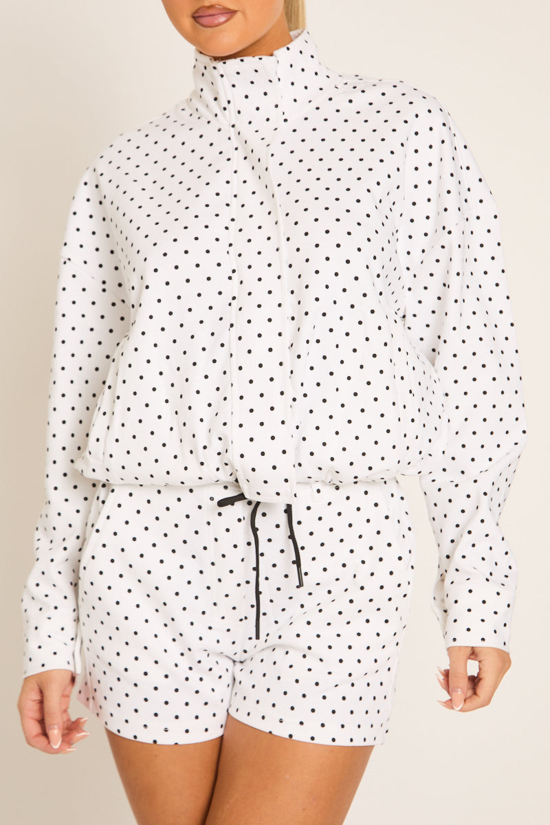 White Polka Dot High Neck Zip Up Jacket and Shorts Co-ord Set - Cassie
