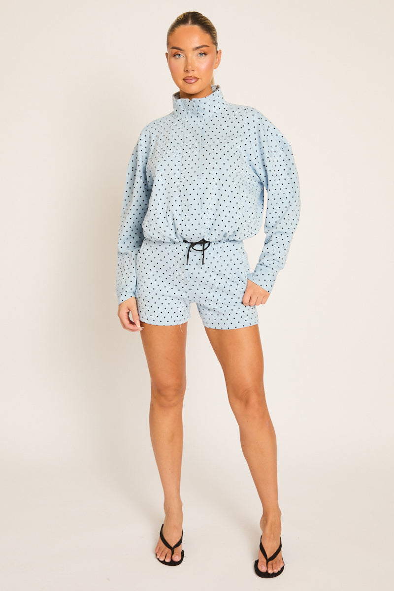 Blue Polka Dot High Neck Zip Up Jacket and Shorts Co-ord Set - Cassie