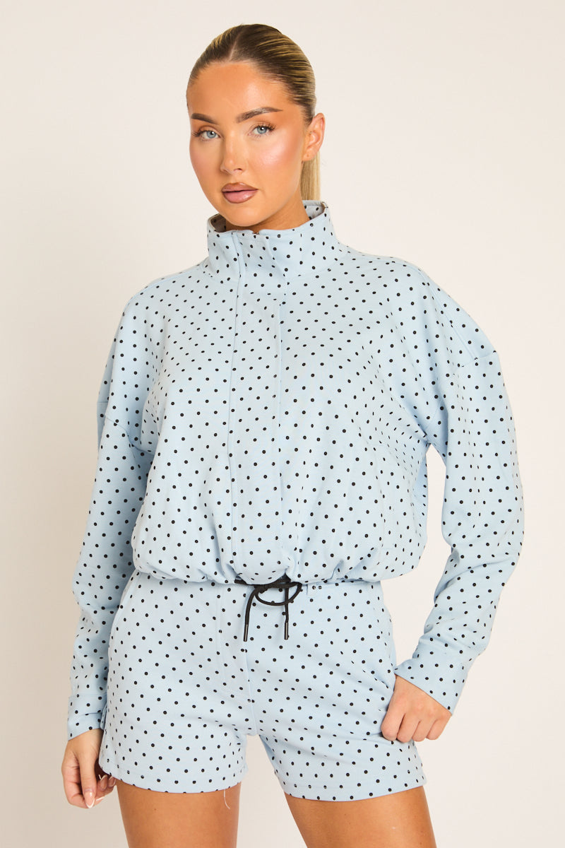 Blue Polka Dot High Neck Zip Up Jacket and Shorts Co-ord Set - Cassie
