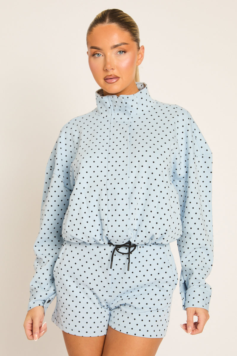 Blue Polka Dot High Neck Zip Up Jacket and Shorts Co-ord Set - Cassie