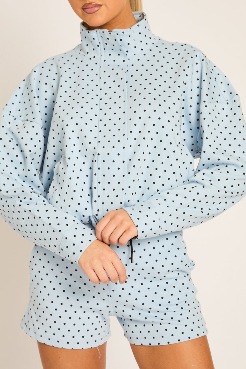 Blue Polka Dot High Neck Zip Up Jacket and Shorts Co-ord Set - Cassie