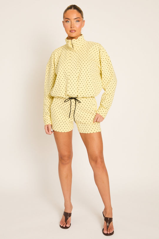 Yellow Polka Dot High Neck Zip Up Jacket and Shorts Co-ord Set - Cassie
