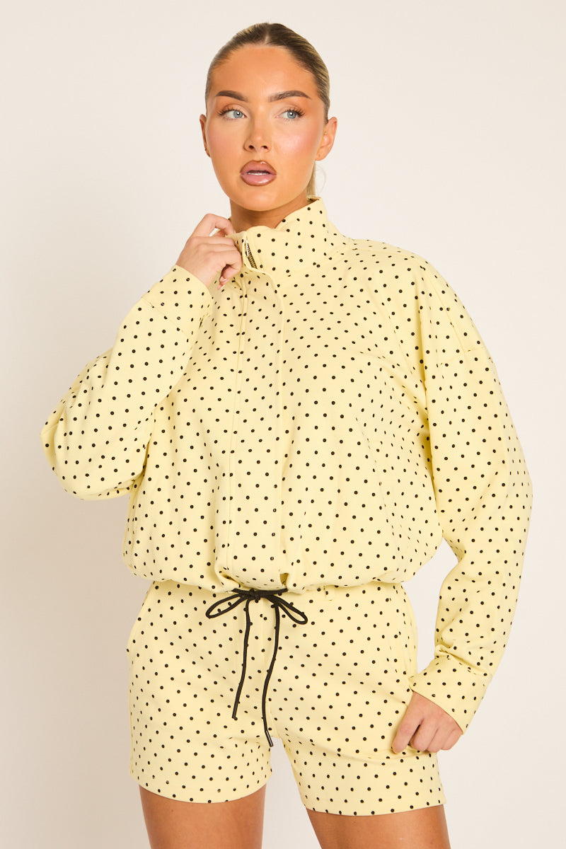 Yellow Polka Dot High Neck Zip Up Jacket and Shorts Co-ord Set - Cassie