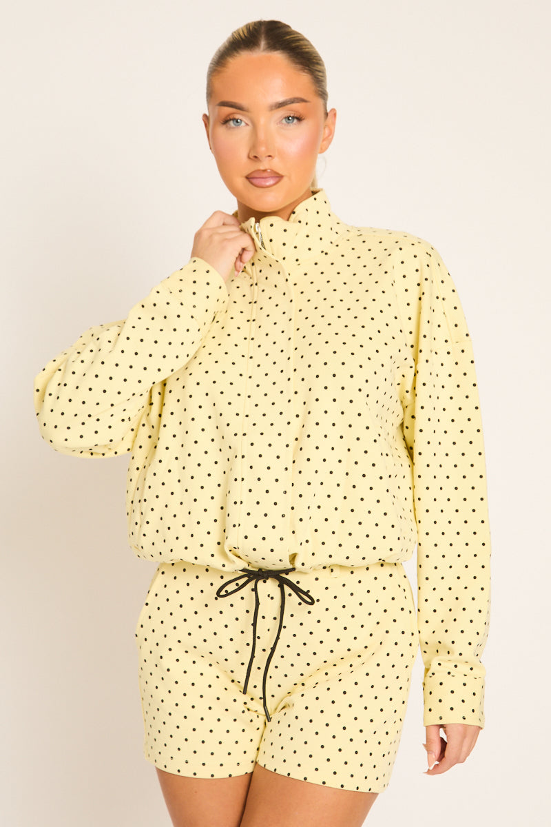 Yellow Polka Dot High Neck Zip Up Jacket and Shorts Co-ord Set - Cassie