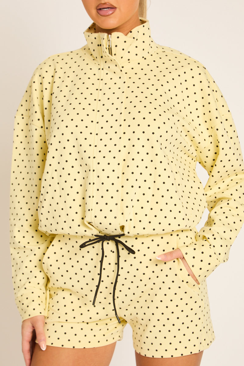 Yellow Polka Dot High Neck Zip Up Jacket and Shorts Co-ord Set - Cassie