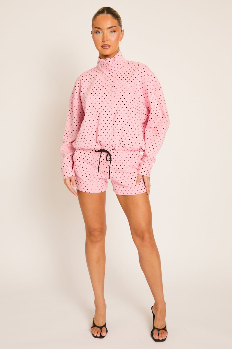 Pink Polka Dot High Neck Zip Up Jacket and Shorts Co-ord Set - Cassie