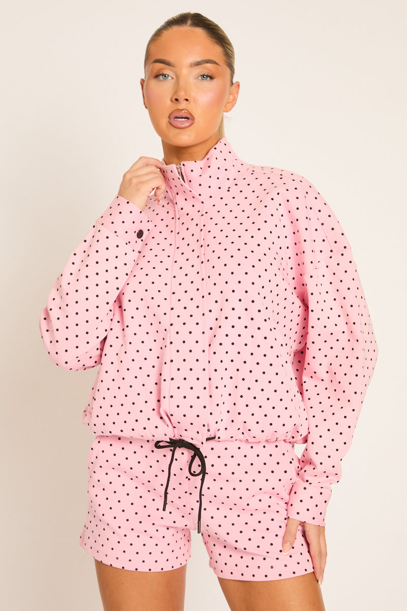 Pink Polka Dot High Neck Zip Up Jacket and Shorts Co-ord Set - Cassie