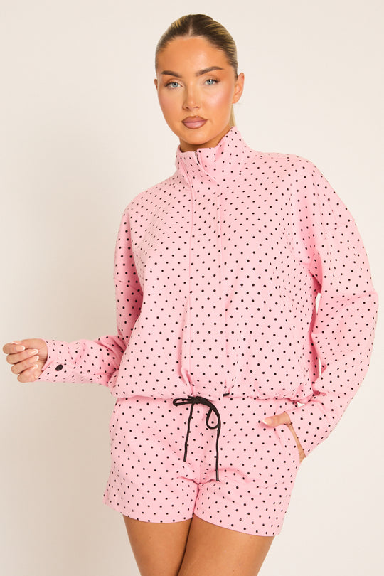 Pink Polka Dot High Neck Zip Up Jacket and Shorts Co-ord Set - Cassie