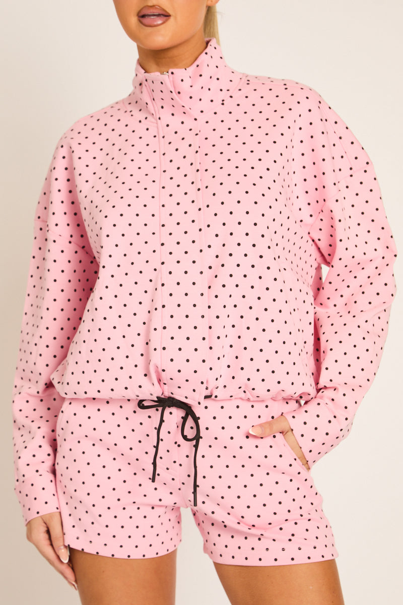 Pink Polka Dot High Neck Zip Up Jacket and Shorts Co-ord Set - Cassie