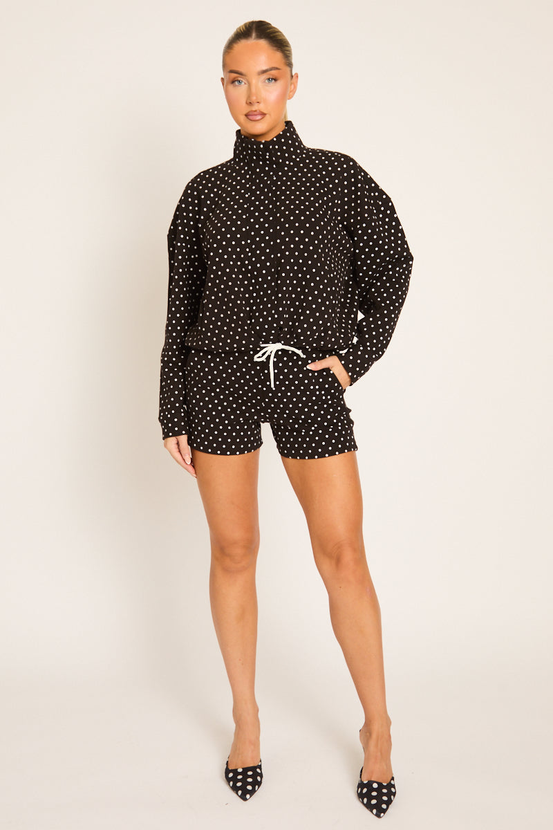 Black Polka Dot High Neck Zip Up Jacket and Shorts Co-ord Set - Cassie