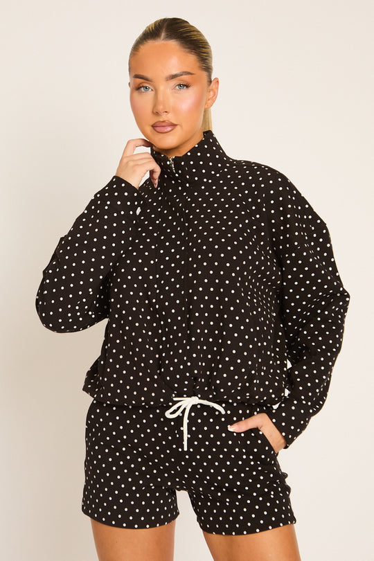 Black Polka Dot High Neck Zip Up Jacket and Shorts Co-ord Set - Cassie