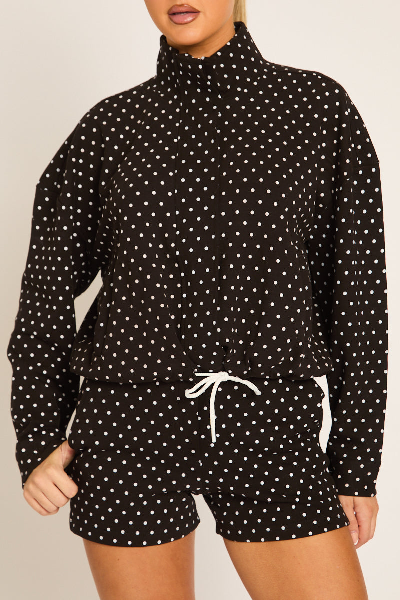 Black Polka Dot High Neck Zip Up Jacket and Shorts Co-ord Set - Cassie