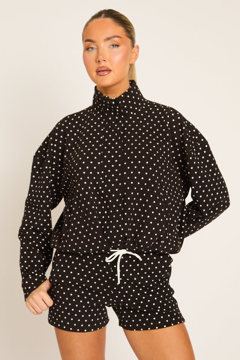 Black Polka Dot High Neck Zip Up Jacket and Shorts Co-ord Set - Cassie