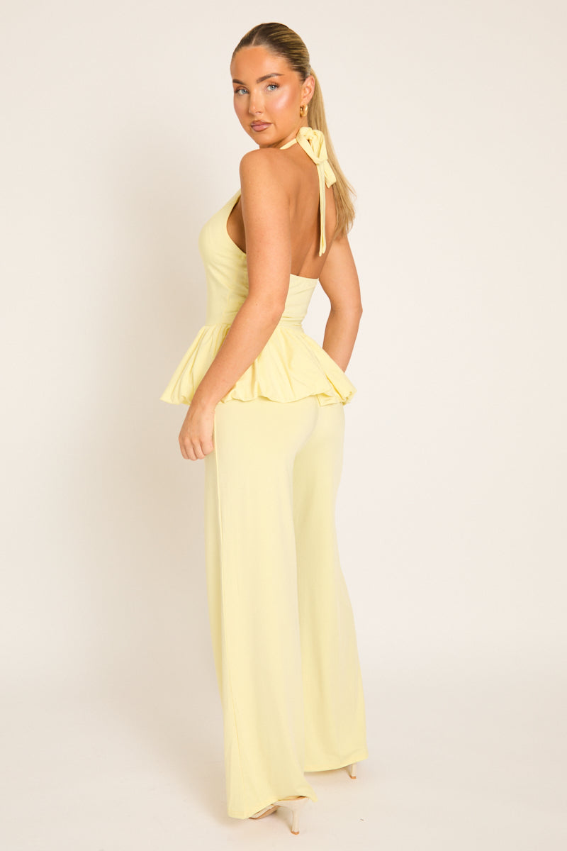 Yellow Halterneck Peplum Top and Wide Leg Trouser Co-Ord Set - Nadine