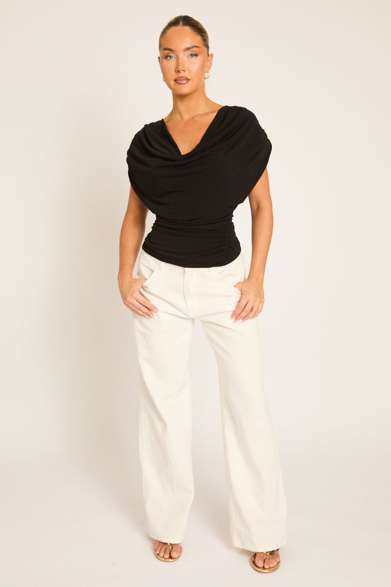 Black Ruched Cowl Top - Sheela