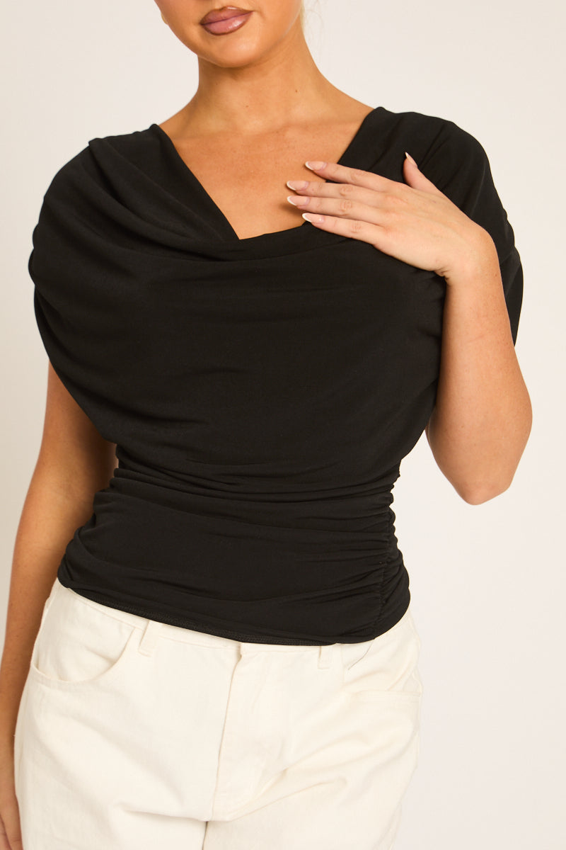 Black Ruched Cowl Top - Sheela