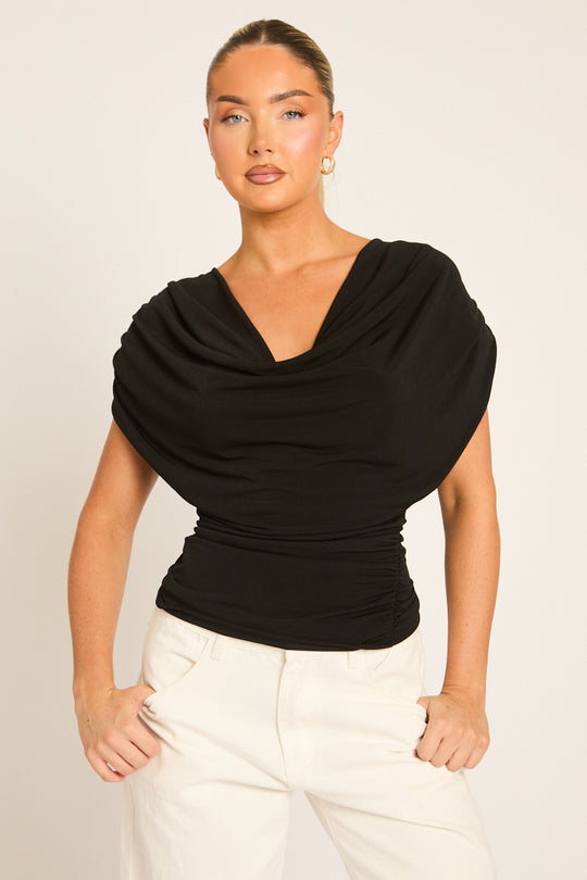 Black Ruched Cowl Top - Sheela