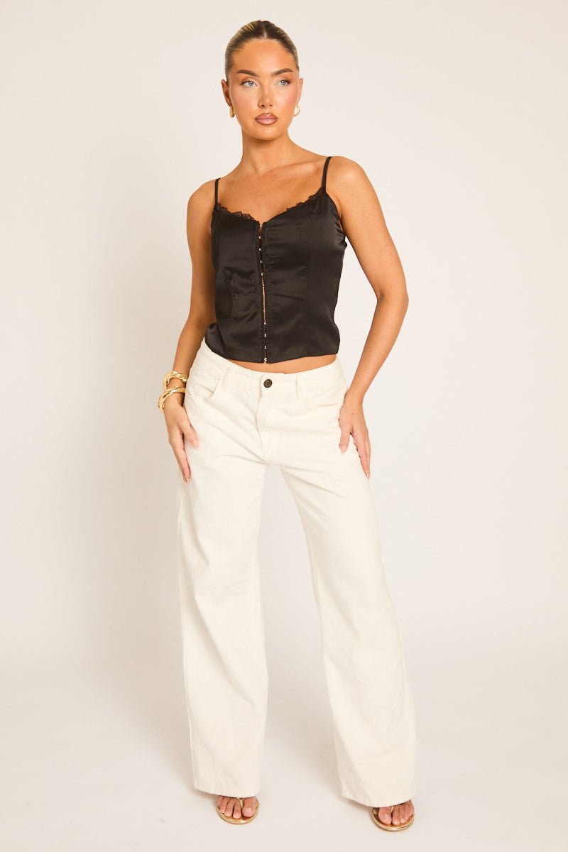 Black Satin Lace Trim Cami Top - Elottie
