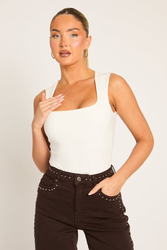 White Square Neck Basic Bodysuit - Carren