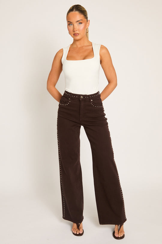 Chocolate Brown Studded Wide Leg Denim Jeans - Cardon