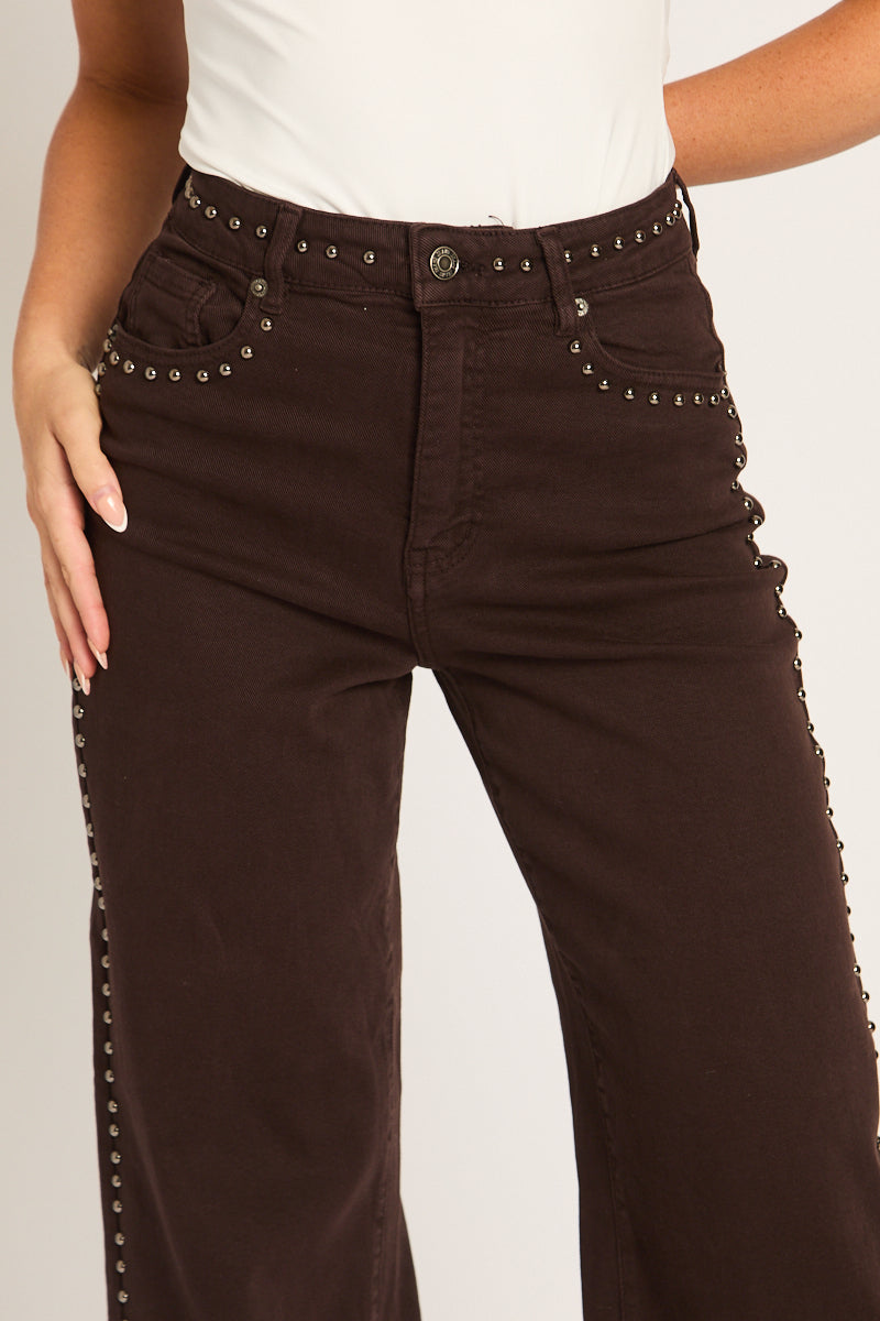 Chocolate Brown Studded Wide Leg Denim Jeans - Cardon