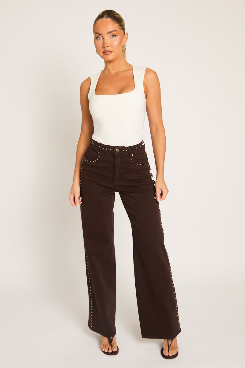 Chocolate Brown Studded Wide Leg Denim Jeans - Cardon