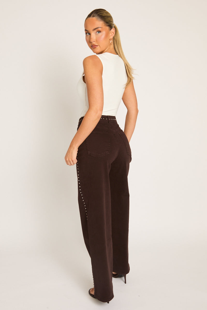 Chocolate Brown Studded Wide Leg Denim Jeans - Cardon