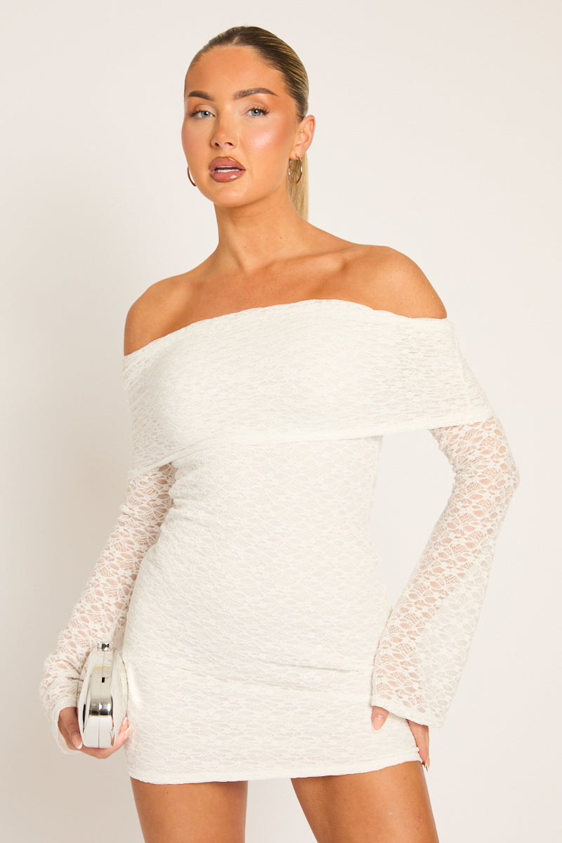 White Lace Bardot Mini Dress - Desree