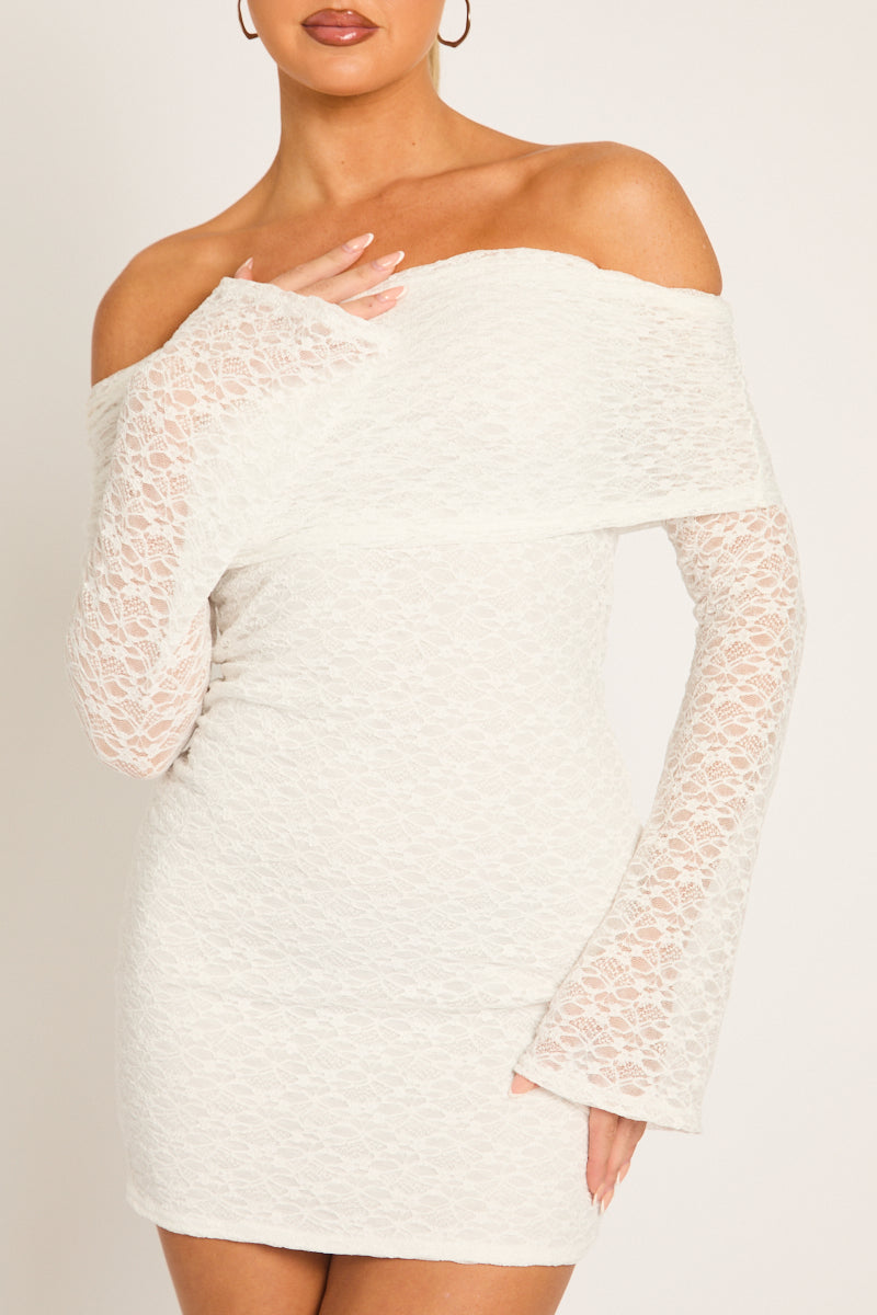 White Lace Bardot Mini Dress - Desree