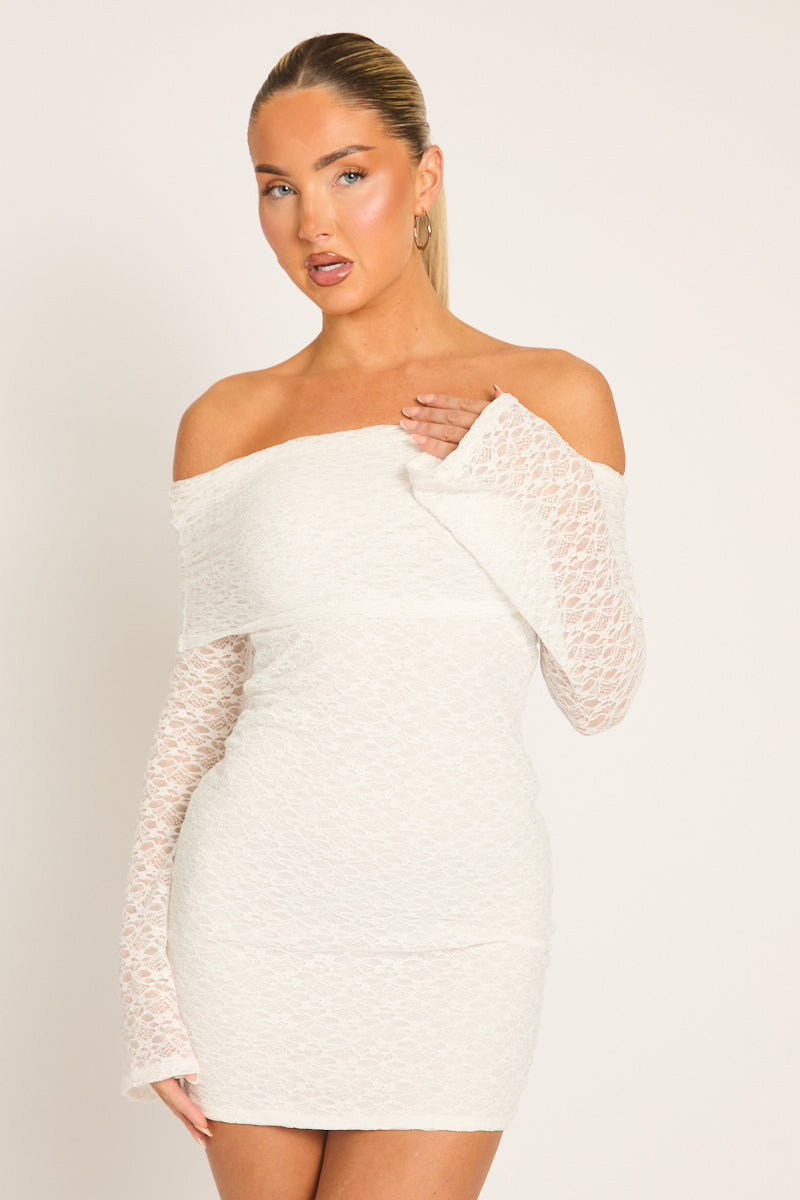 White Lace Bardot Mini Dress | Dresses
