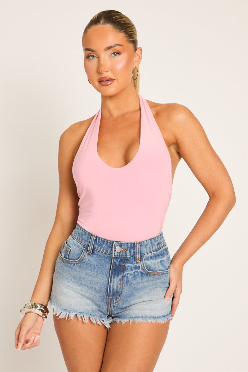 Pink Plunge Halterneck Bodysuit - Serena