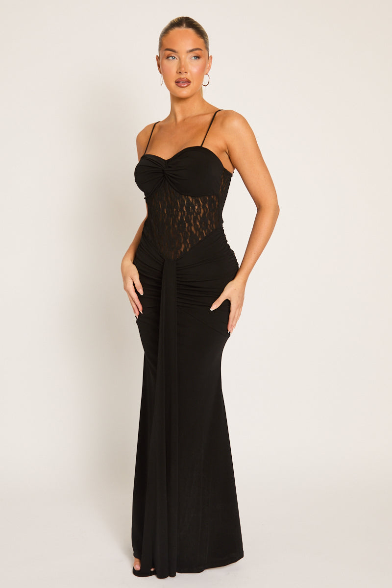 Black Lace Insert Gathered Maxi Dress - Suki