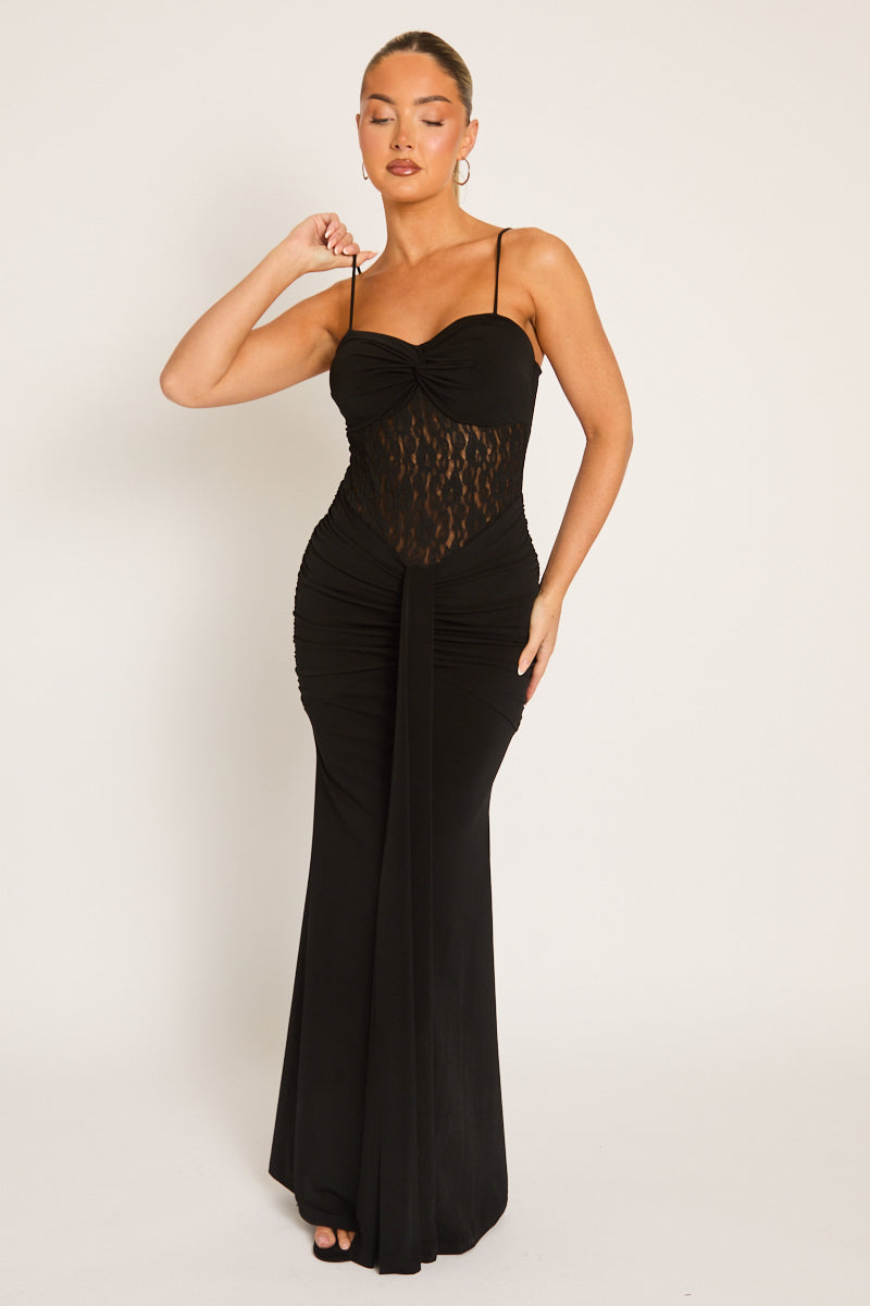 Black Lace Insert Gathered Maxi Dress - Suki