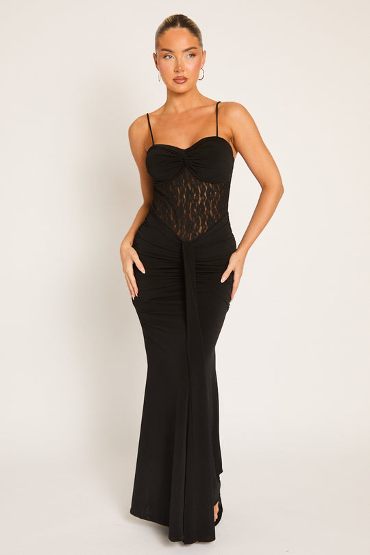 Black Lace Insert Gathered Maxi Dress - Suki
