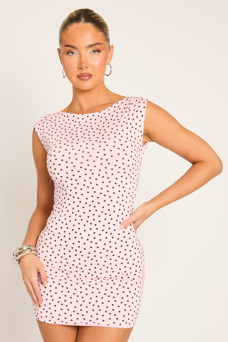 Pink Polka Dot Boat Neck Backless Bodycon Mini Dress - Jadey