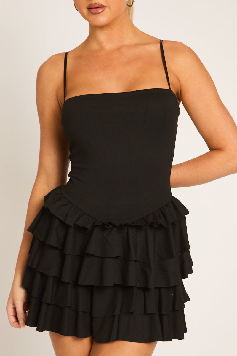Black Jersey Ruffle Hem Skort Playsuit - Marissa