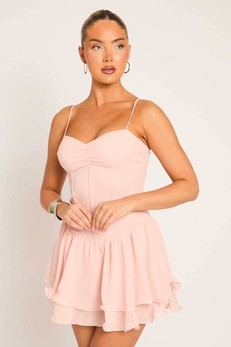 Pink Chiffon Frill Hem Skort Playsuit - Molly