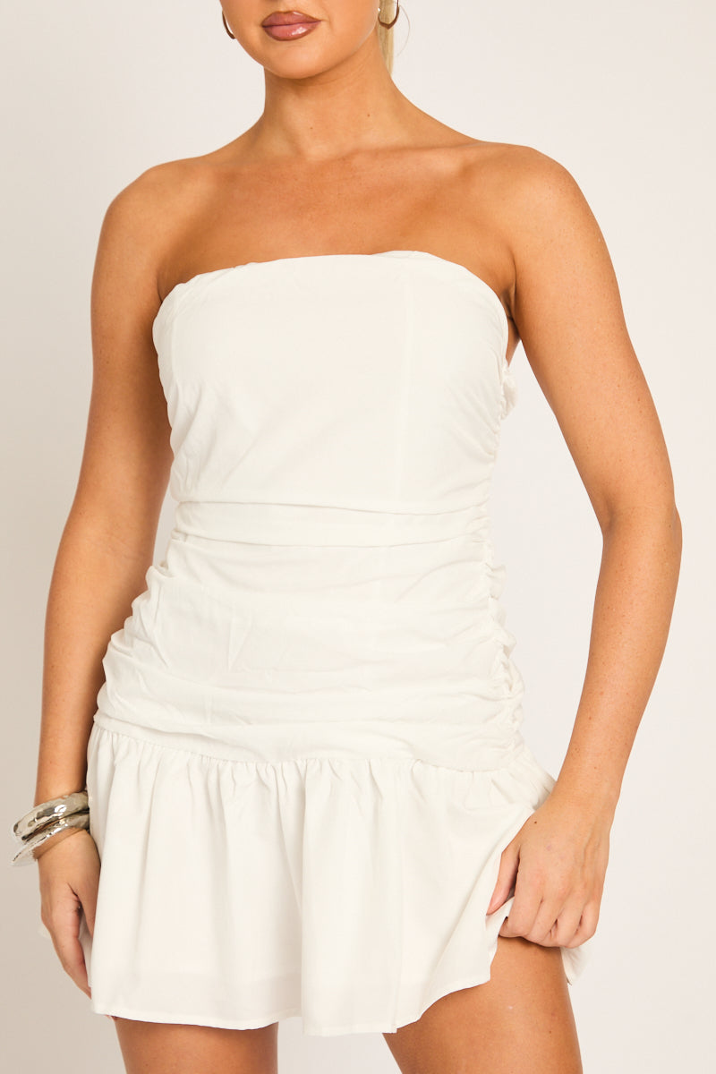 White Poplin Ruched Bandeau Mini Dress - Kandice