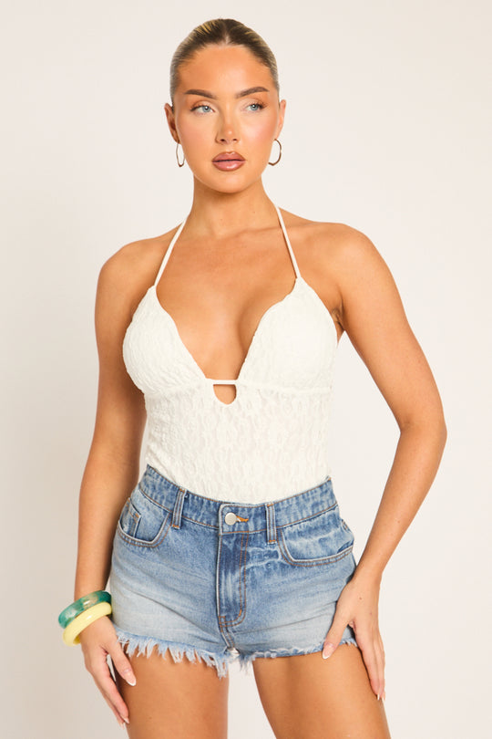 White Lace Plunge Bodysuit - India