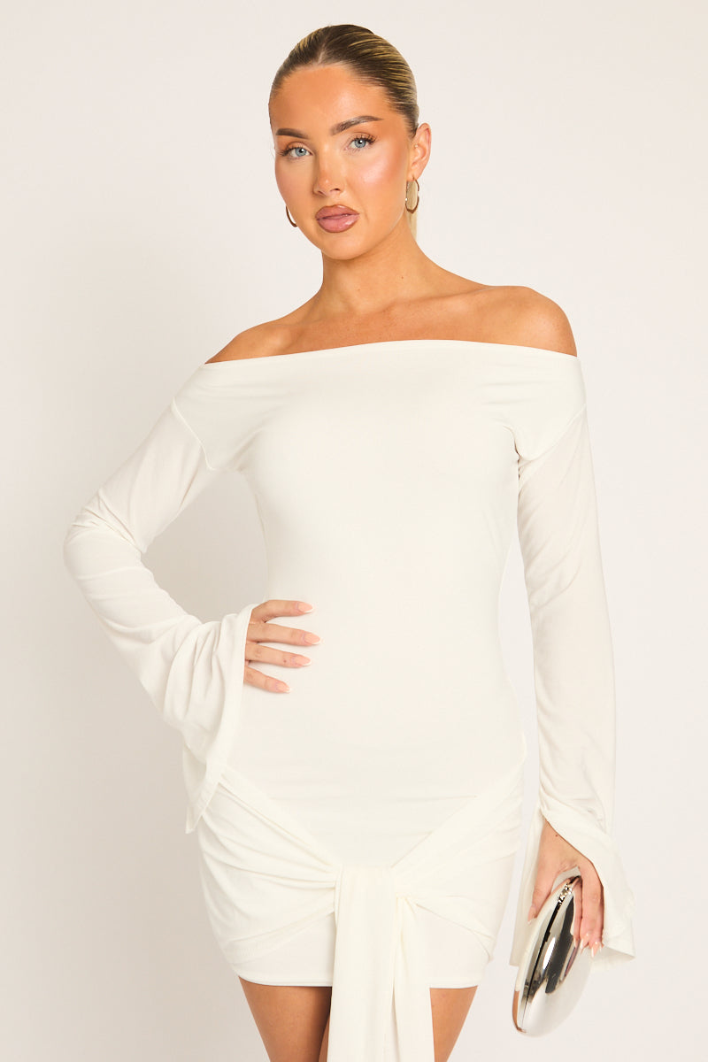 White Long Flared Sleeves Drape Detail Bodycon Mini Dress - Maya