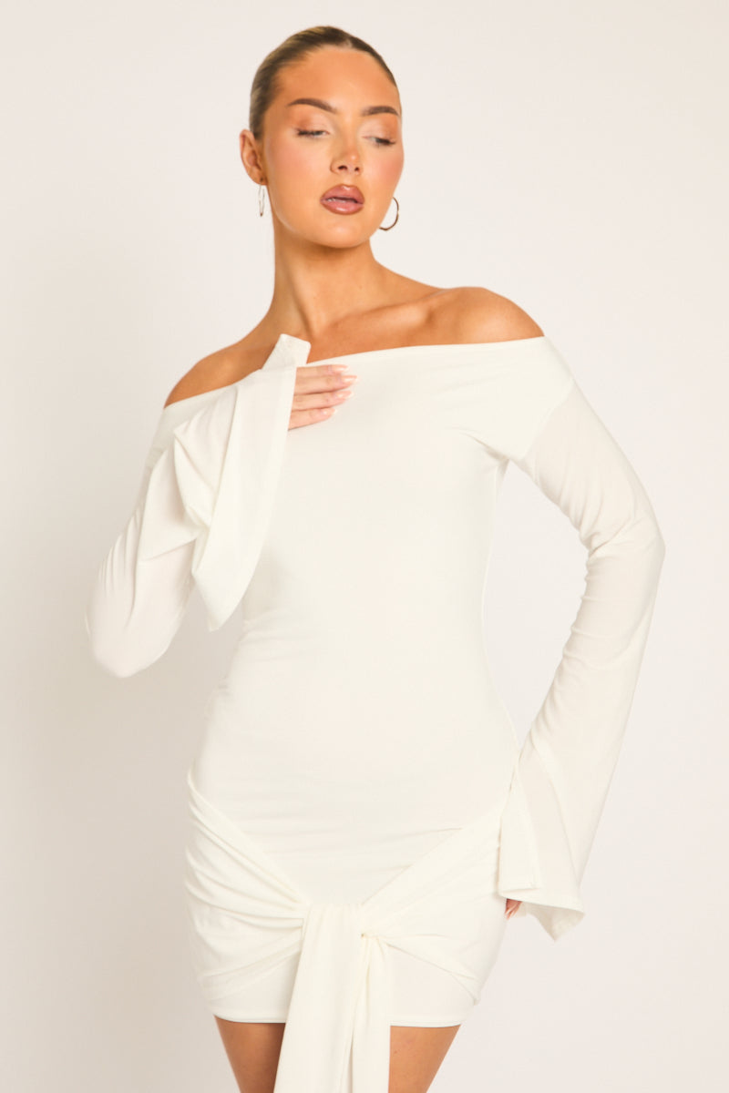 White Long Flared Sleeves Drape Detail Bodycon Mini Dress - Maya